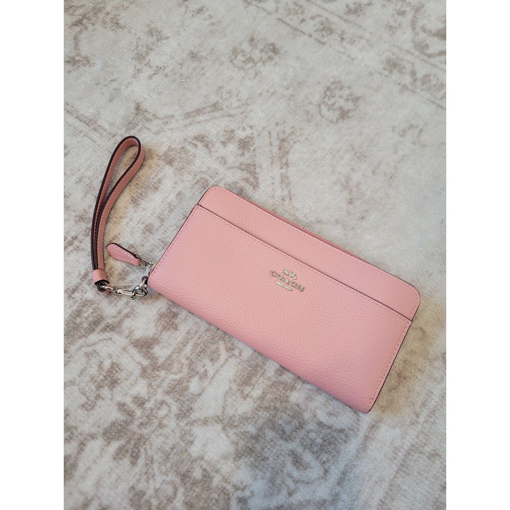 NWOT Coach Long Zip Around Wallet Powder Pink Pebble Leather Wristlet Phone